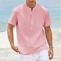 Close-up of men's pink stand-collar short sleeve casual linen-style shirt on a beach - S / Tops / Pink