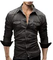 Vista detallada de una camisa vaquera casual de manga larga para hombre con dos bolsillos. - M / Tops / Gris oscuro