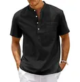 Detailed view of men's black short-sleeve casual shirt with a stand collar and pocket - S / Tops / Black