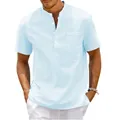 Detail of a light blue men's short-sleeved linen shirt with stand collar and pocket - Sky Blue