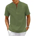 Detailed view of a men's olive green stand collar short sleeve shirt with pocket - Army Green