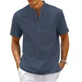 Front view of a men's navy short-sleeved shirt with Mandarin collar and pocket - Navy Blue