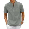 Close-up detail of grey linen-like short sleeve henley shirt for men with pocket - Gray