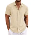 Camicia casual da uomo a maniche corte in lino kaki estivo con colletto button-down - Taglia S / Top / Kaki