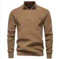 Heren gebreide trui met halve rits en opstaande kraag, camelbruin, lange mouwen - S / Tops / camel