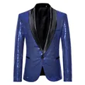 Macro view showing the glittering royal blue sequins on a men's stylish tuxedo blazer - Sapphire Blue