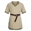 Μεσαιωνικός χιτώνας για άνδρες σε μπεζ χρώμα με κεντητή επένδυση και καφέ ζώνη - Χακί