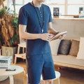 Herren Zweiteiler Set aus Baumwolle und Leinen in Marineblau mit Kurzarmshirt - M / Oberteil Und Unterteil / Graublau
