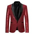 High-quality men's red sequin blazer featuring a black shawl lapel for stage performances - Burgundy