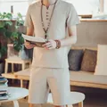 Herren-Set aus Baumwolle und Leinen mit Kurzarm-T-Shirt und Shorts in Beige für Sommer - M / Oberteil Und Unterteil / Khaki