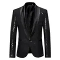 Detailed front view of a slim-fit black sequined blazer with a satin shawl lapel - Black
