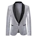 Shiny silver sequined men's blazer with black shawl lapel stage performance tuxedo jacket - Silver