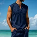 Detail of men's quick-dry V-neck sleeveless top with chest pocket in navy blue - Navy Blue