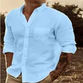 Light blue long-sleeve linen shirt for men featuring a chest pocket and button-down front. - Sky Blue