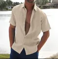 Men's beige linen-textured short sleeve shirt for casual beach wear and summer days - Khaki