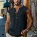 Detail of men's casual sleeveless Henley t-shirt with vintage buttons and raw edges - S / Tops / Black