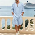 Detalle del conjunto de lino azul claro para hombre con cuello en V para vacaciones - S / Top Y Pantalón / Azul cielo