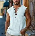 Men's casual sleeveless linen tank top with henley neck and raw edges - S / Tops / Light Blue