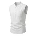 Detail of white men's linen sleeveless vest featuring Henley collar and chest pocket - S / Tops / White