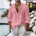 Heren roze linnen overhemd met lange mouwen, casual strandstijl met stijlvolle reverskraag top. - S / Tops / Roze