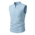 Light blue men's sleeveless linen Henley shirt with a chest pocket and button detail - S / Tops / Sky Blue