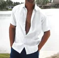 Men's casual white short sleeve button-up linen shirt for beach and summer leisure. - S / Tops / White