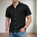 Classic men's casual short-sleeve denim shirt with lapel collar and front pocket - S / Tops / Black