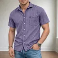 Casual purple short-sleeved denim shirt for men with lapel and chest pocket - Purple