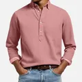 Men's textured jacquard long sleeve polo shirt with buttoned collar in dusty rose - Pink