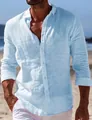 Light blue men's casual long-sleeved button-up linen shirt featuring a stylish lapel collar - S / Tops / Light Blue