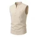 Detailed view of men's beige linen sleeveless Henley shirt with buttoned chest pocket - S / Tops / Apricot