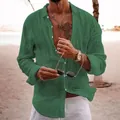 Men's casual long sleeve linen shirt in forest green, perfect for summer beach holiday - S / Tops / Green