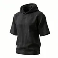 T-shirt à capuche pour homme en lin noir avec demi-manches et texture naturelle - Noir