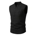 Close-up detail of a men's black sleeveless linen Henley shirt featuring a chest pocket - S / Tops / Black