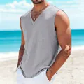 Men's casual light grey washed cotton linen sleeveless vest with raw edge V-neck - S / Tops / Light Gray
