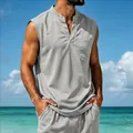 Macro view of men's premium quick-dry grey V-neck sleeveless top for beach holiday wear - S / Tops / Light Gray