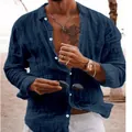 Casual dark blue linen shirt for men featuring a button-down long-sleeve holiday style - Navy Blue