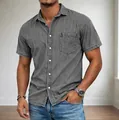 Casual men's short sleeve denim lapel shirt in charcoal grey finish with pocket - S / Tops / Gray