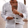 Close-up of white linen beach shirt for men showing breathable summer fabric - White