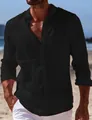 Men's casual black long-sleeve linen shirt featuring a stylish lapel collar design - S / Tops / Black
