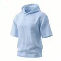 Détail d'un t-shirt à capuche en lin bleu clair montrant la texture du tissu naturel - S / Hauts / Bleu ciel