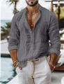 Chemise de plage décontractée grise aspect lin pour hommes avec col à revers stylé - Gris