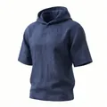Détail du t-shirt à capuche en lin bleu marine pour hommes avec texture respirante - S / Hauts / Bleu saphir