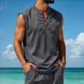 Detail of men's gray quick-dry V-neck sleeveless top with chest pocket on beach - S / Tops / Dark Gray
