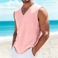 Men's pink cotton linen sleeveless tank top with V-neck for casual summer beach days - Pink