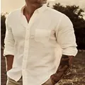 Men's stylish casual off-white long-sleeve button-up shirt in a breathable linen fabric - Khaki
