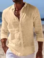 Men's beige long-sleeve linen casual shirt with button-up front and lapel collar - Khaki
