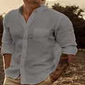 Men's casual grey long sleeve button-down shirt with chest pocket - Light Gray