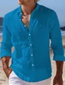 Men's casual long-sleeved linen texture shirt in vibrant blue with lapel collar - Blue