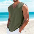 Men's cotton linen sleeveless vest in olive green with V-neck and distressed edges - Army Green